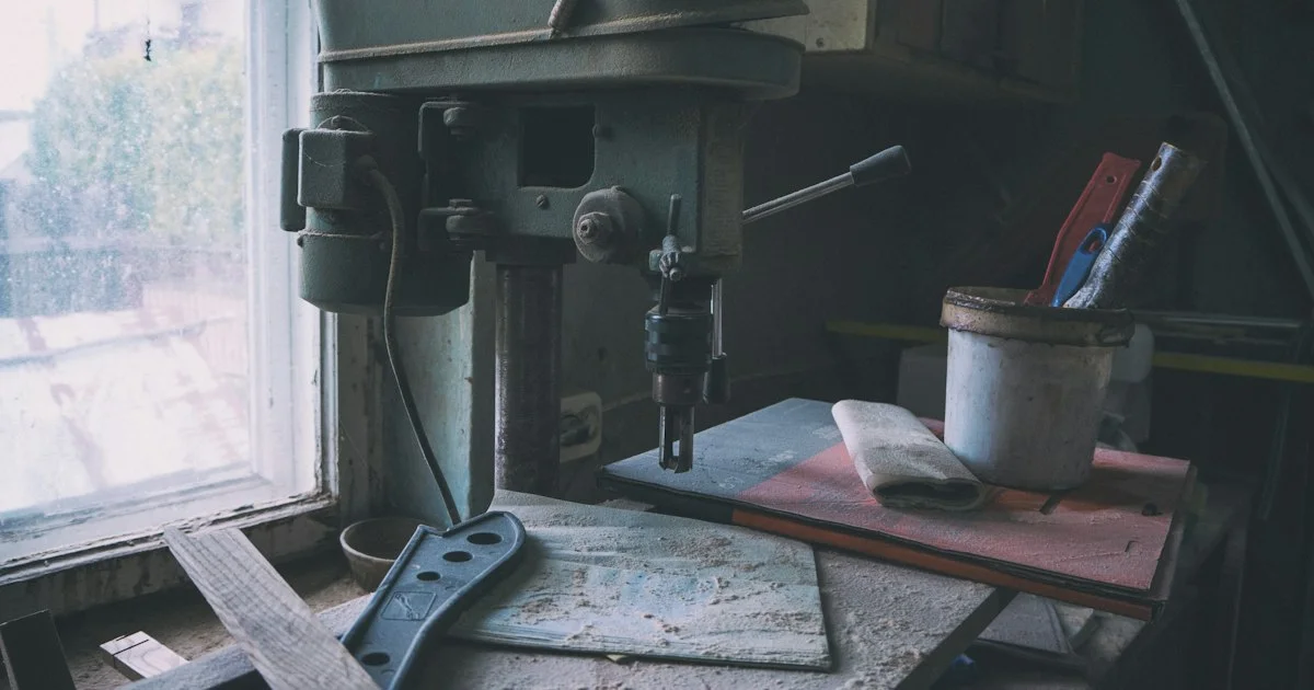 A bench drill press beside a dusty workshop window with offcuts and hand tools on the table, the kind of setup a best power tools 2026 decision builds toward