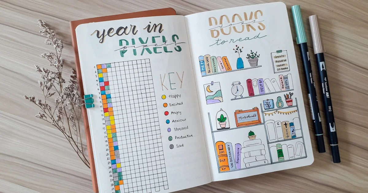 Habit tracker grid drawn in a bullet journal with colored pens