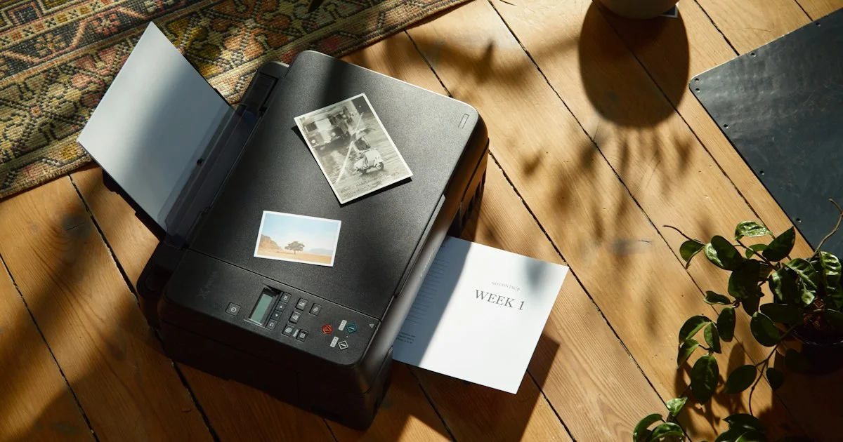A compact home all-in-one printer on a wood floor with fresh prints beside it, the kind of machine you compare when learning how to buy a budget printer