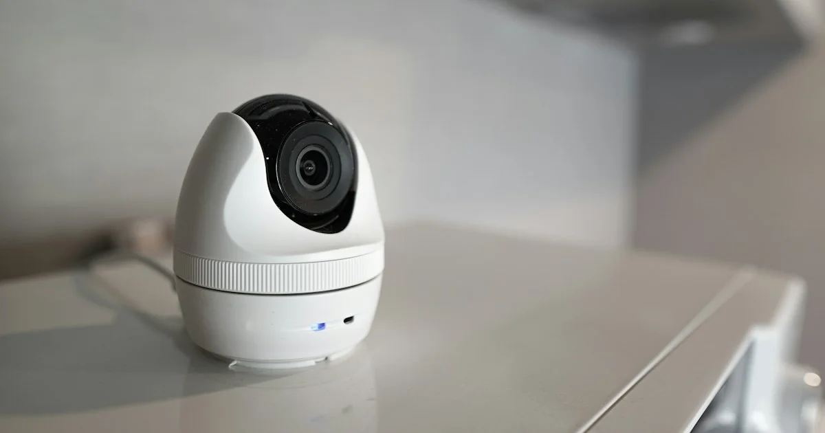 White pan-and-tilt camera unit on a shelf, the device type to compare when working out how to buy a smart baby monitor
