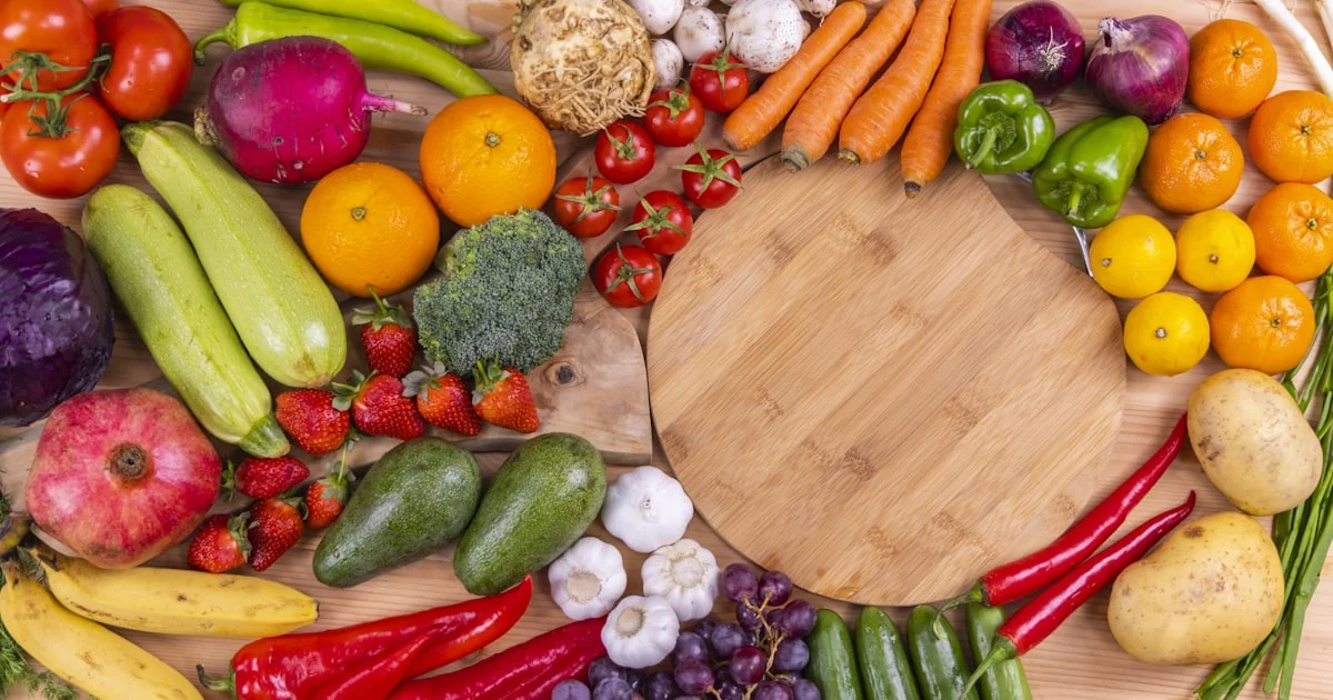 Colorful mix of fresh fruits and vegetables that support natural immune health