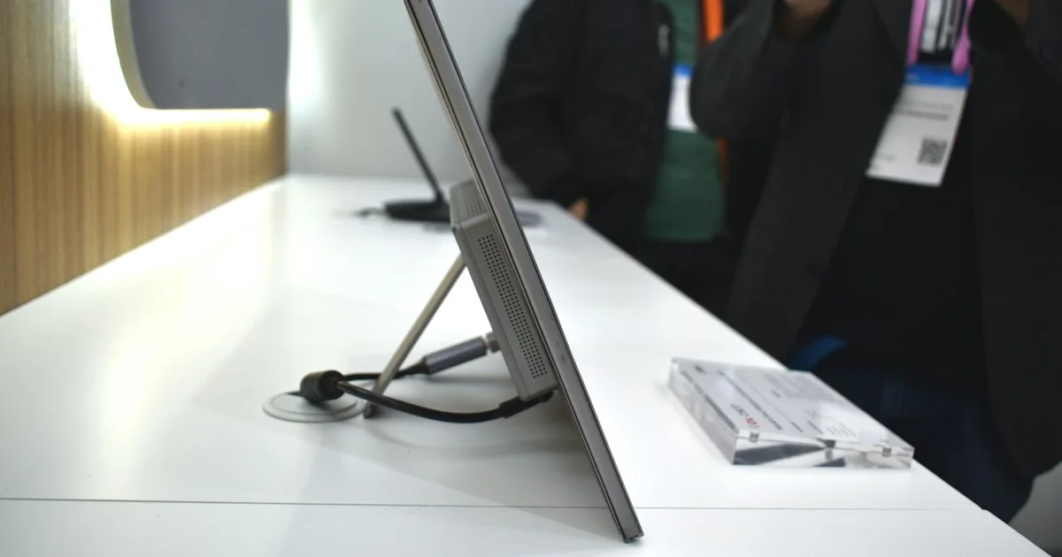 Slim portable monitor standing on a fold-out kickstand next to a keyboard on a white desk
