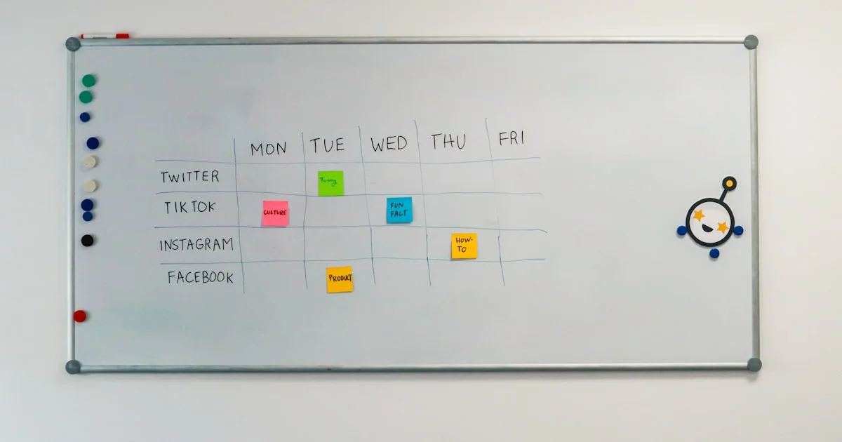 Whiteboard with a weekly task planning calendar and sticky notes