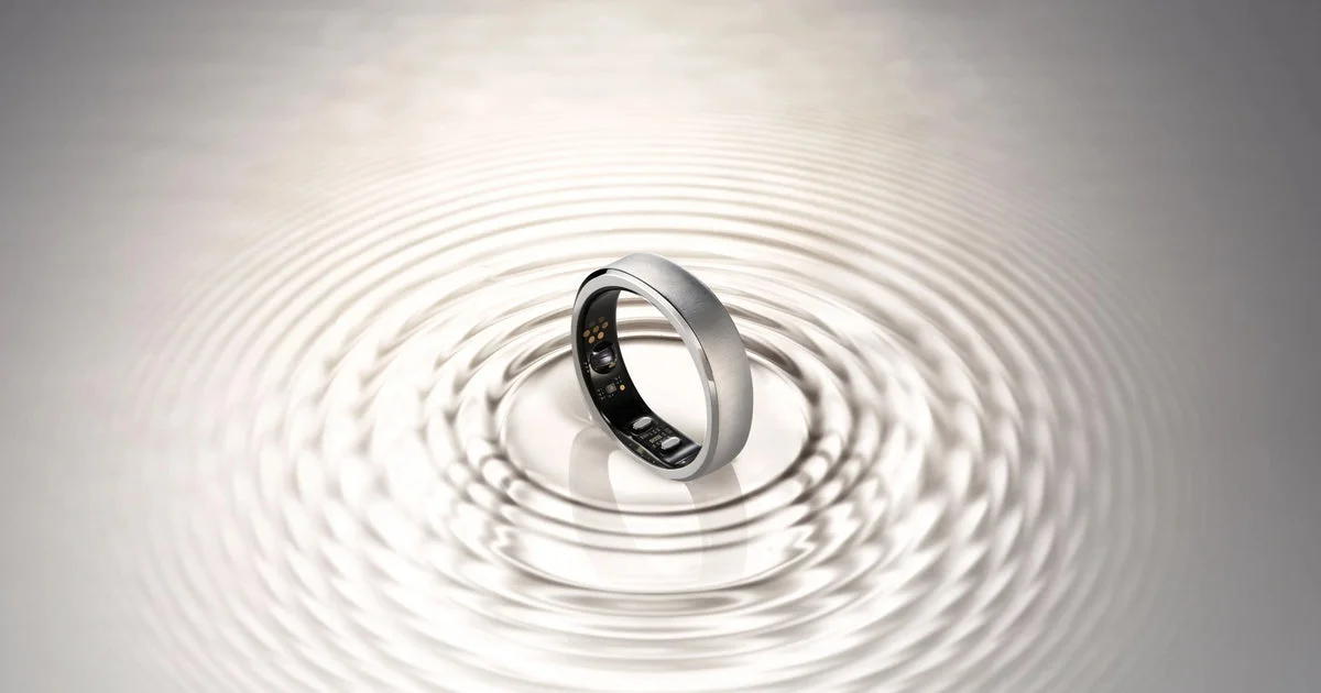 RingConn smart ring standing in rippling water, a pick for the best smart ring 2026 without subscription