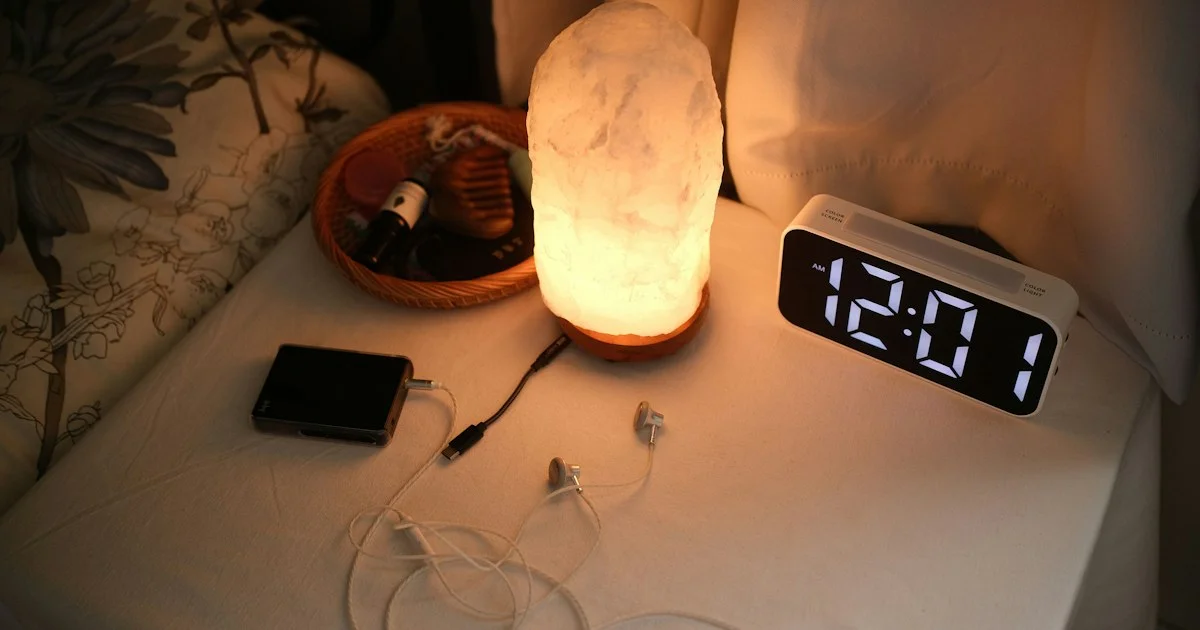 A warm glowing lamp on a nightstand next to a digital alarm clock showing the time