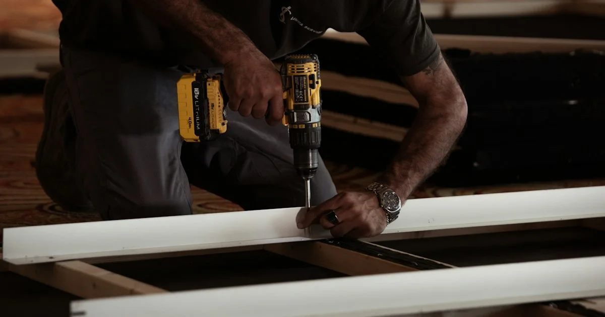 Deciding which cordless power drill to buy 2026: a worker driving a fastener into a metal stud frame with a cordless drill