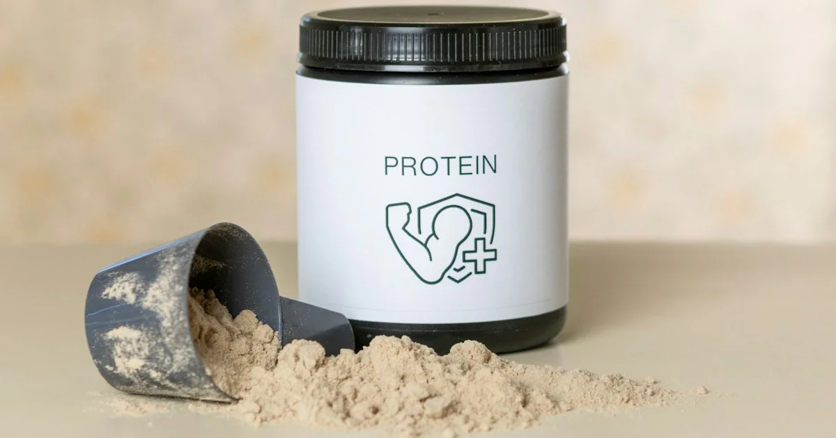 Choosing which plant based protein powder to buy 2026: an unbranded protein tub beside a scoop and a mound of tan powder
